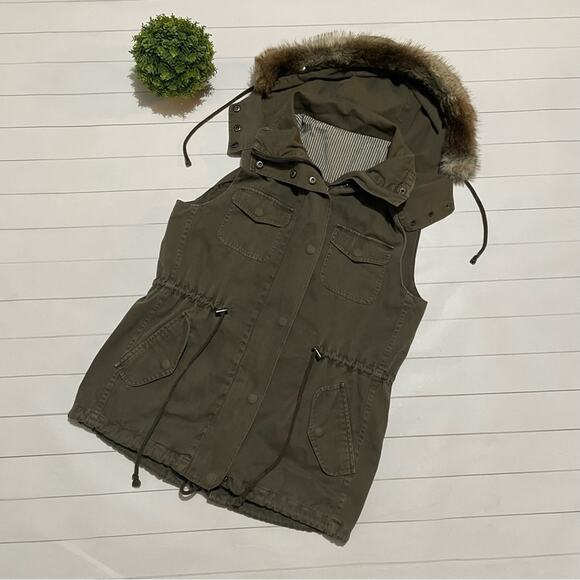 Velvet Graham Spencer Olive Green Faux Fur Utility Cargo Jacket‎ Vest Small - Picture 1 of 11